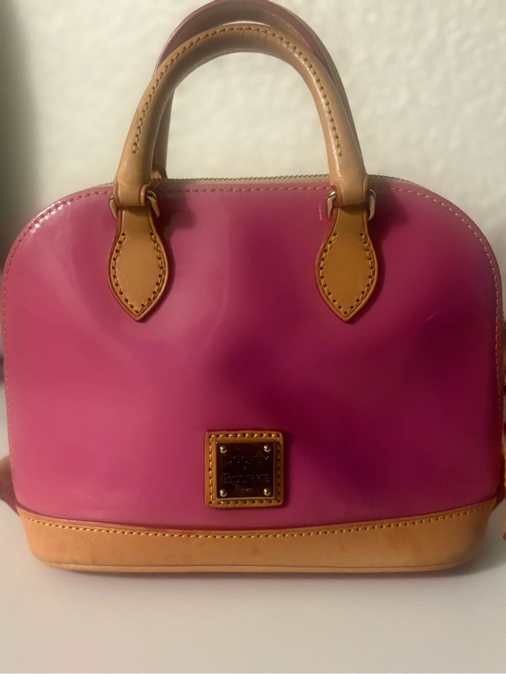 Dooney  & Bourke Pink Patent Satchel with Tan Trim